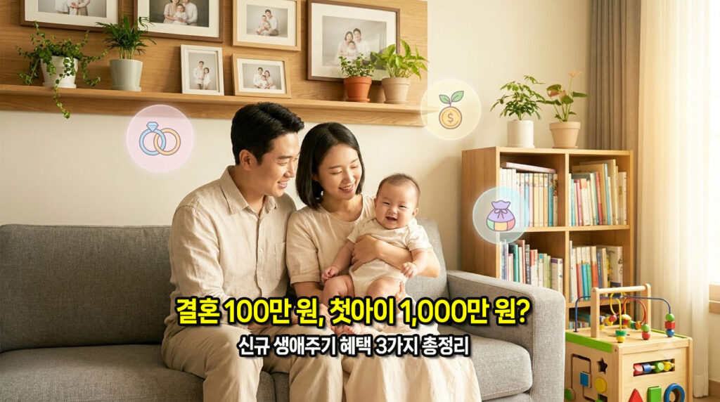 청년 및 신혼부부 생애주기 복지 지원금 혜택을 상징하는 아기를 안고 환하게 웃고 있는 젊은 한국인 부부의 모습