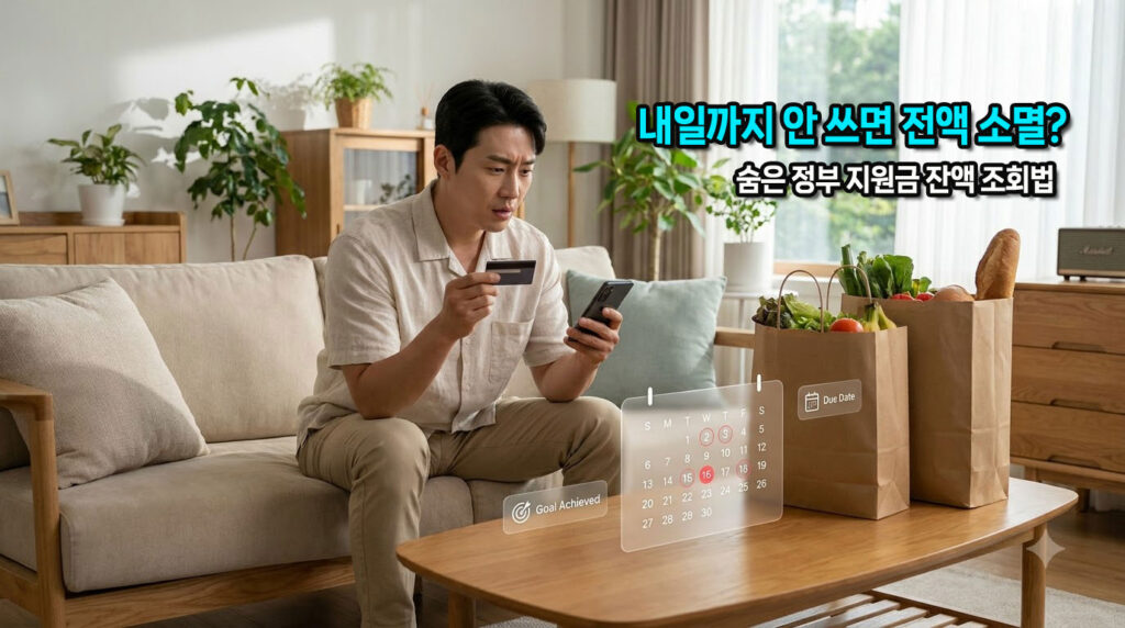 스마트폰으로 정부 지원금 잔액을 조회하고 결제 카드를 확인하는 모습