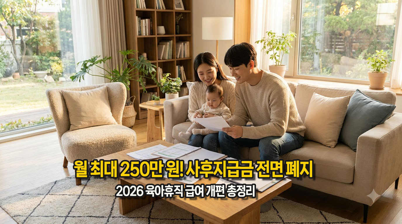 2026년 인상된 육아휴직 급여 상한액 및 사후지급금 폐지 안내 대표 인포그래픽
